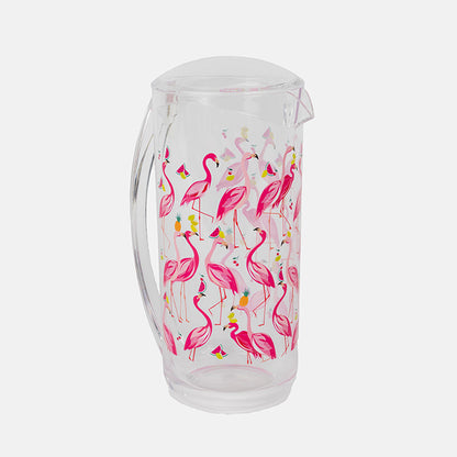 Clear plastic pitcher with pink flamingo design on a white background