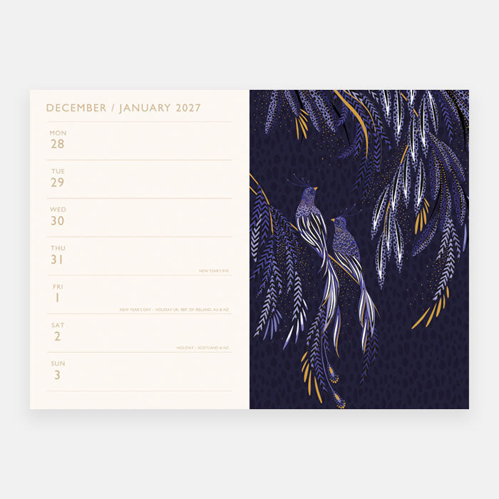 Shows inside of the diary on a weekly view page, with a print on the opposite page. 