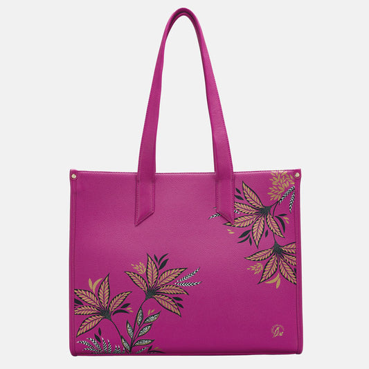 Pink Boxy Tote bag with botanic leaves design, white background.