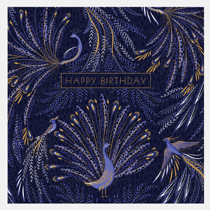 Greeting card with peacock design and 'Happy Birthday' text on a dark blue background