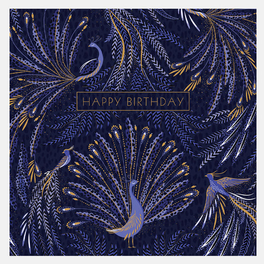 Greeting card with peacock design and 'Happy Birthday' text on a dark blue background
