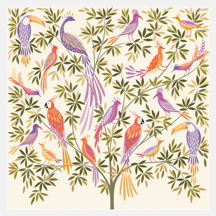 Colourful bird and leaf pattern on a cream background