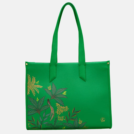 Green Boxy Tote with botanic leaf design, white background.