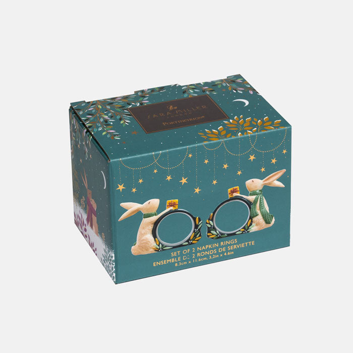 The gift box for the napkin rings on its own, light green background with woodland rabbits, and illustration of the napkin rings inside.