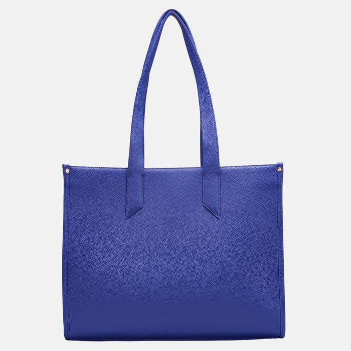 Blue boxy Tote from the back, plain blue. White background.
