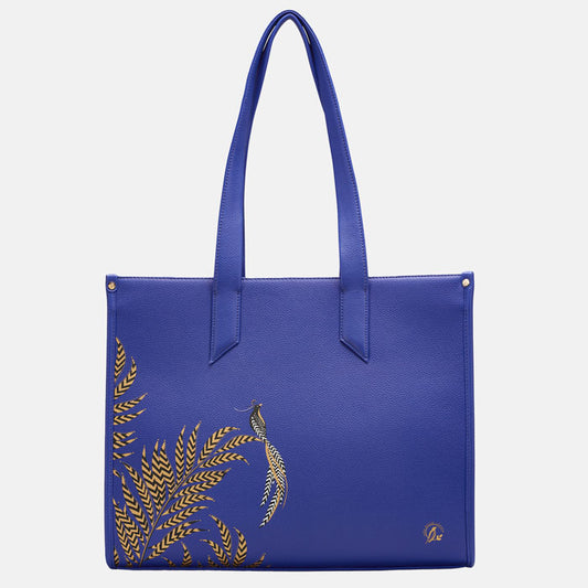 Blue Boxy Tote with botanic leaf design, white background.