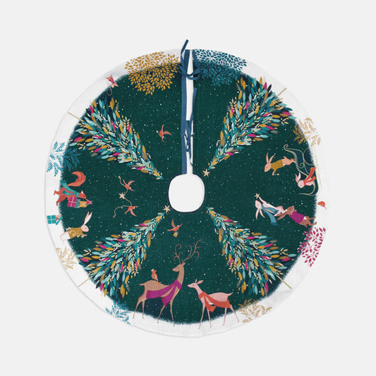 Decorative festive tree skirt with Christmas trees, woodland animals in a festive forest scene on a dark green background.