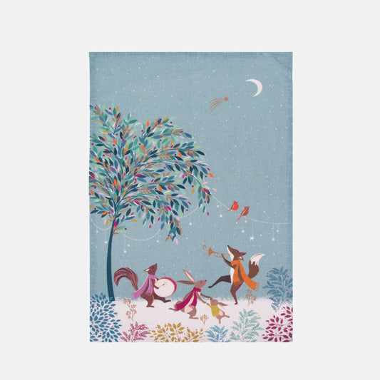 Festive tea towel with woodland animals in a merry band on a light blue background