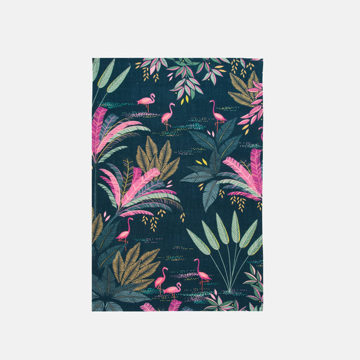 Fabric tea towel with a tropical leaf and flamingo pattern on a dark green background