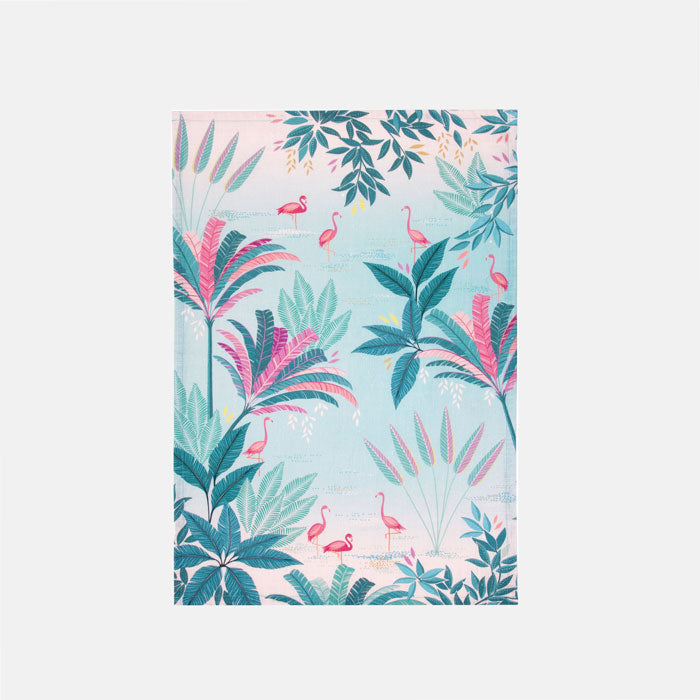 Tropical-themed fabric tea towel with pink flamingos and green leaves on a light blue background