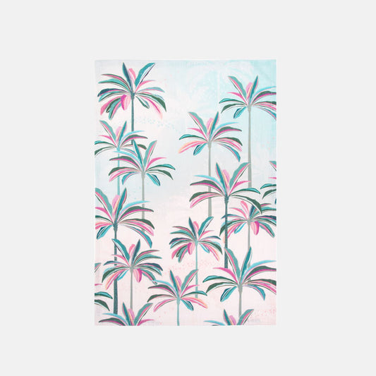 Tea towel with palm trees with pink and green leaves on a light blue background