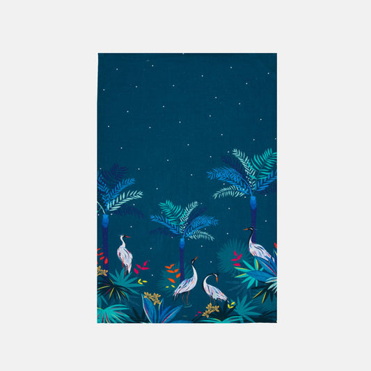 Fabric tea towel with white heron birds in a tropical lake scene, on a teal background