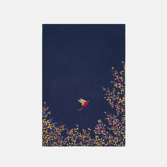 Navy blue fabric tea towel with floral and bird design on a navy background