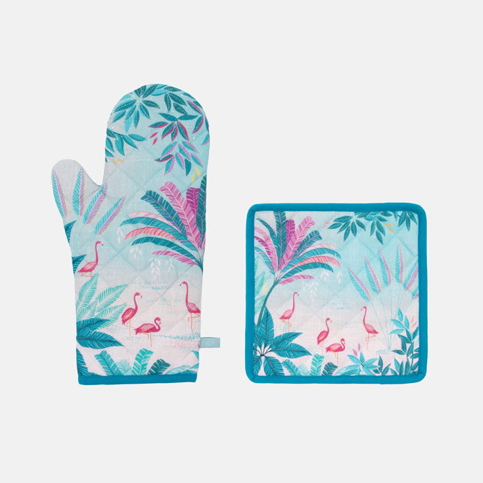 Oven mitt and pot holder with tropical flamingo design on a light blue background