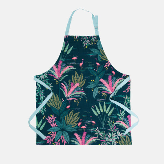 Apron with blue straps and pink flamingo and tropical foliage design on a green background