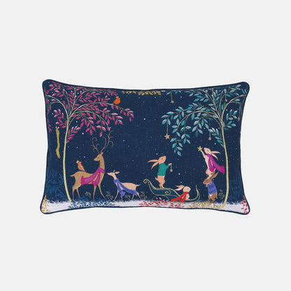 Decorative festive cushion with woodland animals design decorating the woodland, on a dark blue starry night background.