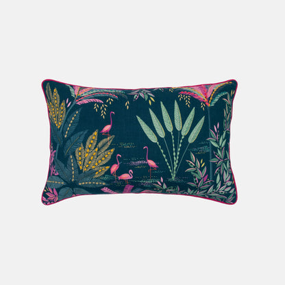 Decorative cushion with flamingo and leaf pattern on a green background