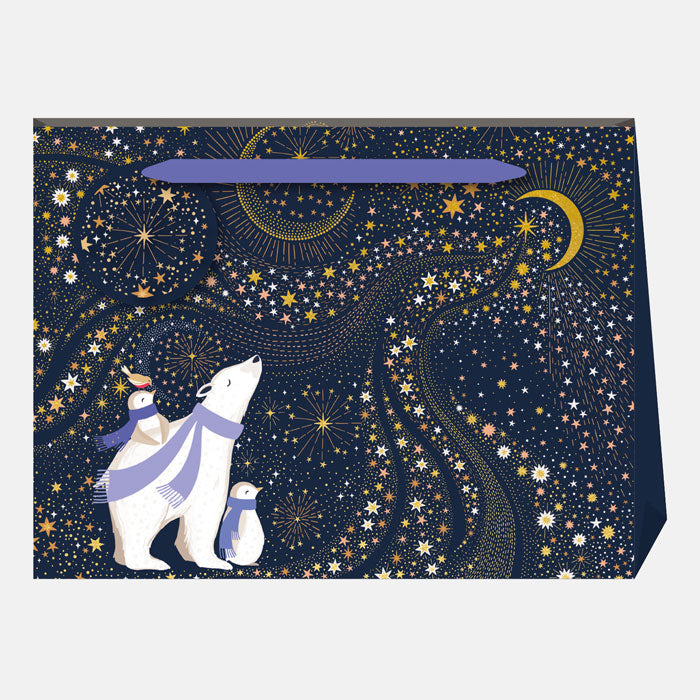 A Christmas gift bag with polar bears and penguins gazing up at the starry sky and crescent moon, with matching gift tag and ribbon handles.