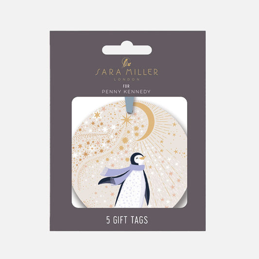 Sara Miller London gift tags in retail packaging, featuring a penguin and crescent moon design on a light cream background with gold stars.