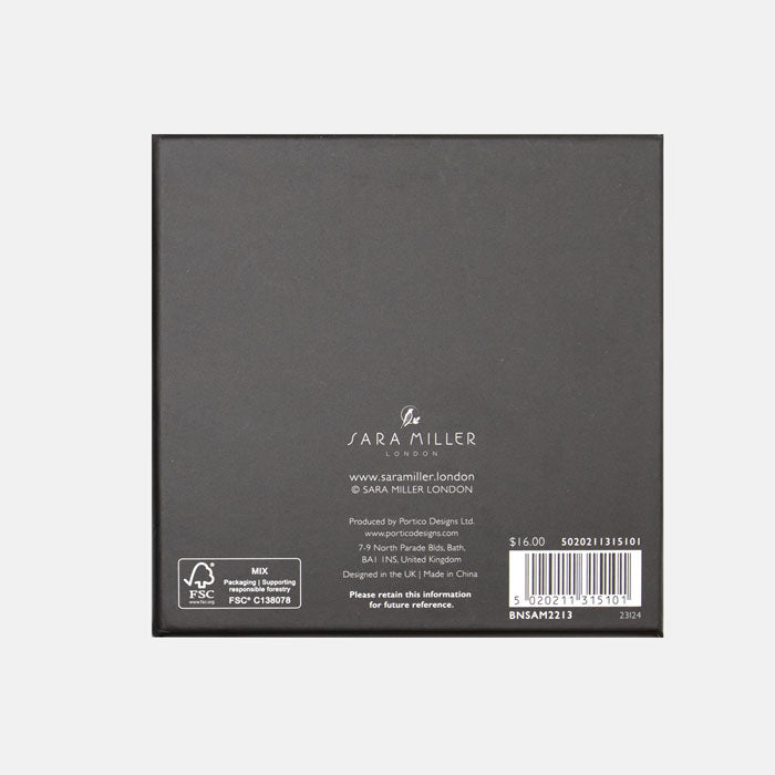 Back of a grey product packaging with 'Sara Miller' branding and text.