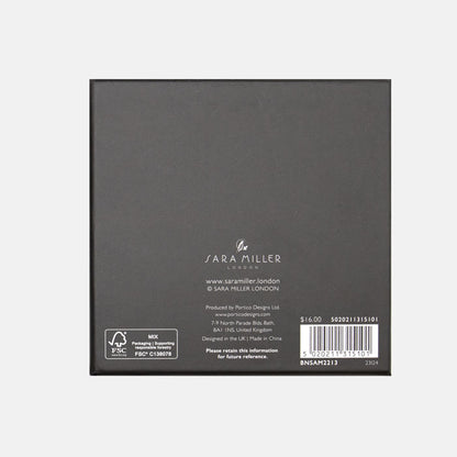 Back of a grey product packaging with 'Sara Miller' branding and text.