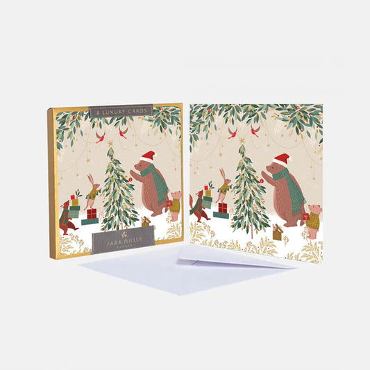 Set of Christmas-themed greeting cards with a bear and festive tree design.