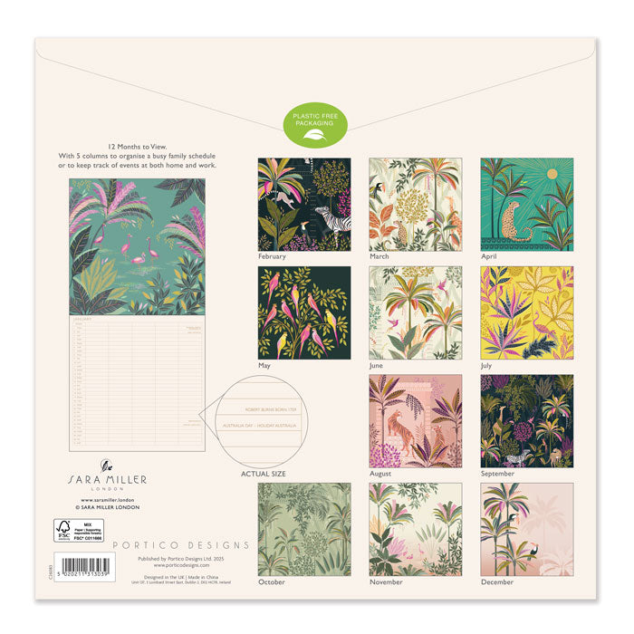 Reverse of calendar showing months of  tropical designs on a cream background