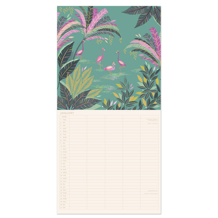 Calendar with tropical leaf and flamingo design on a green background