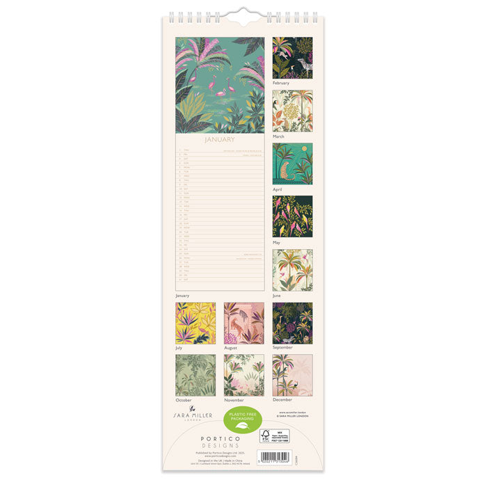 Tropical-themed calendar with floral designs on a white background