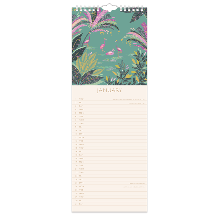 Tall vertical calendar with tropical leaf and flamingo design on a white background