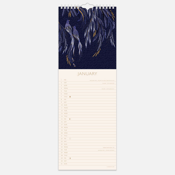 A slim spiral bound wall hanging calendar with a line per day to write in events, with Sara Miller London Anniversary Collection designs on each page.