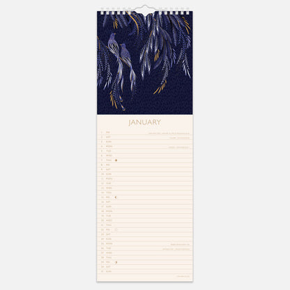 A slim spiral bound wall hanging calendar with a line per day to write in events, with Sara Miller London Anniversary Collection designs on each page.
