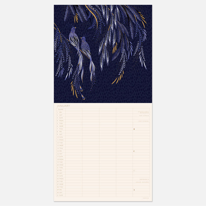 A square hanging wall calendar with Sara Miller London Anniversary Collection designs on each page, and five columns built into the writing space to allow for different family members to be split.