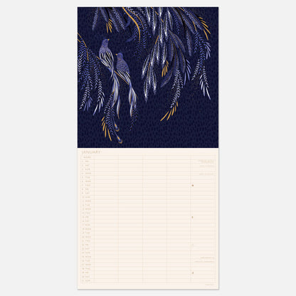 A square hanging wall calendar with Sara Miller London Anniversary Collection designs on each page, and five columns built into the writing space to allow for different family members to be split.