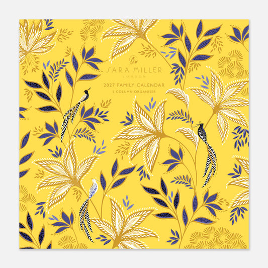 A square hanging wall calendar with yellow botanic design on the front.