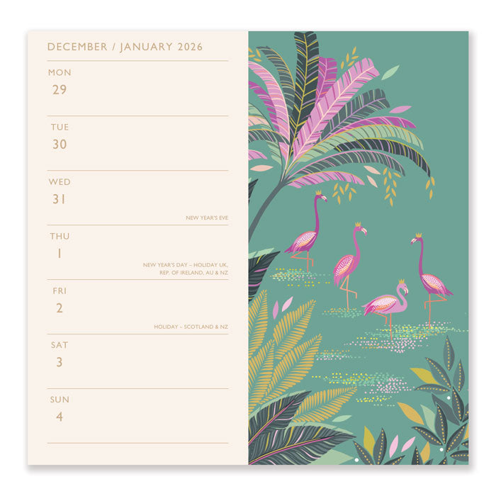 Calendar diary with flamingo and leaf design on a green background
