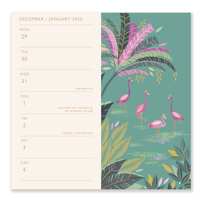 Calendar diary with flamingo and leaf design on a green background