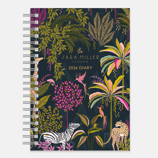 Spiral-bound notebook with a colorful animal and plant pattern on a dark background, featuring the brand 'Sara Miller London'.