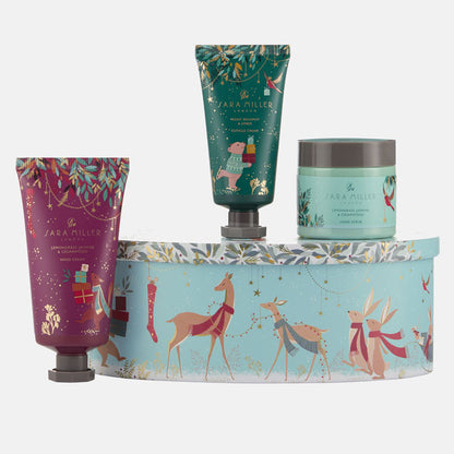 Set of skincare products with decorative packaging featuring deer illustrations on a white background.