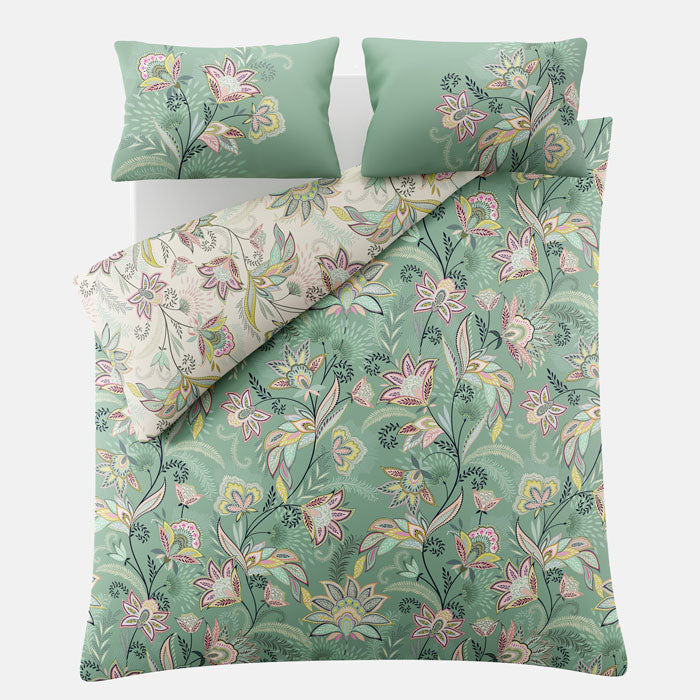 Floral bedding set with green background on a white background