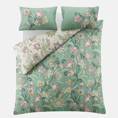Floral bedding set with green background on a white background