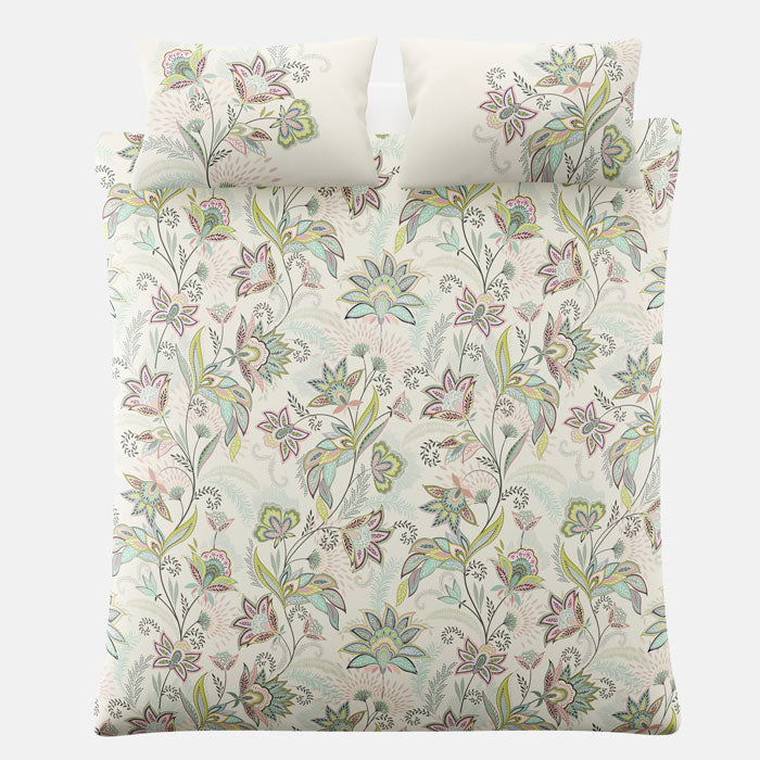 Floral patterned bedding set with two pillows on a white background