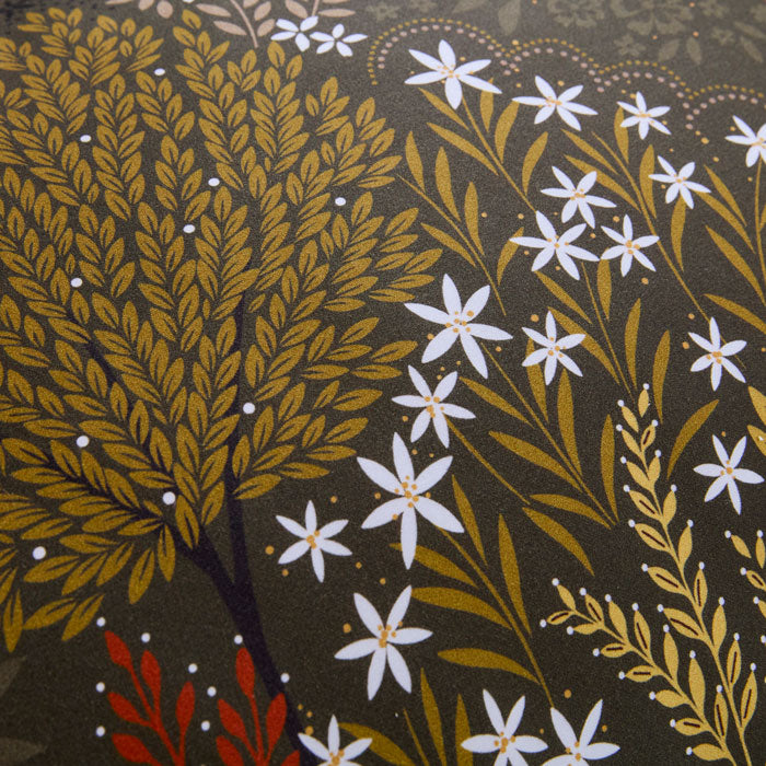 Pattern of leaves and flowers on a dark olive background