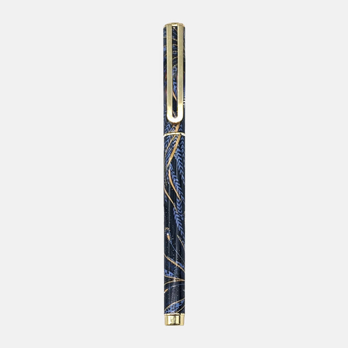 Ballpoint pen with peacock feathers design in indigo and gold.