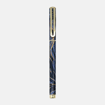 Ballpoint pen with peacock feathers design in indigo and gold.