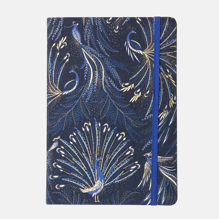 Notebook with peacock feather design on an indigo background with gold detailing.