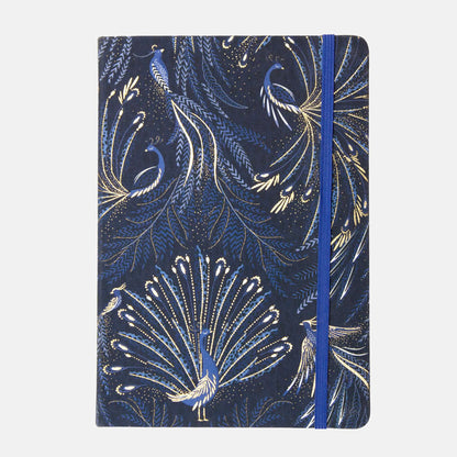 Notebook with peacock feather design on an indigo background with gold detailing.