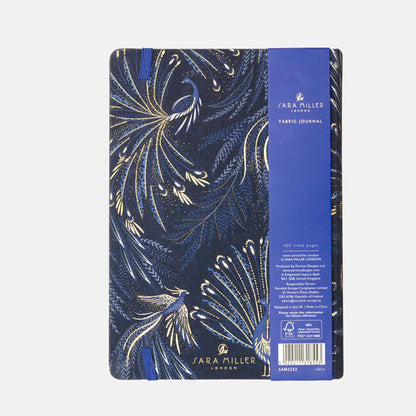 Notebook with peacock feather design on an indigo background with gold detailing, from the back.