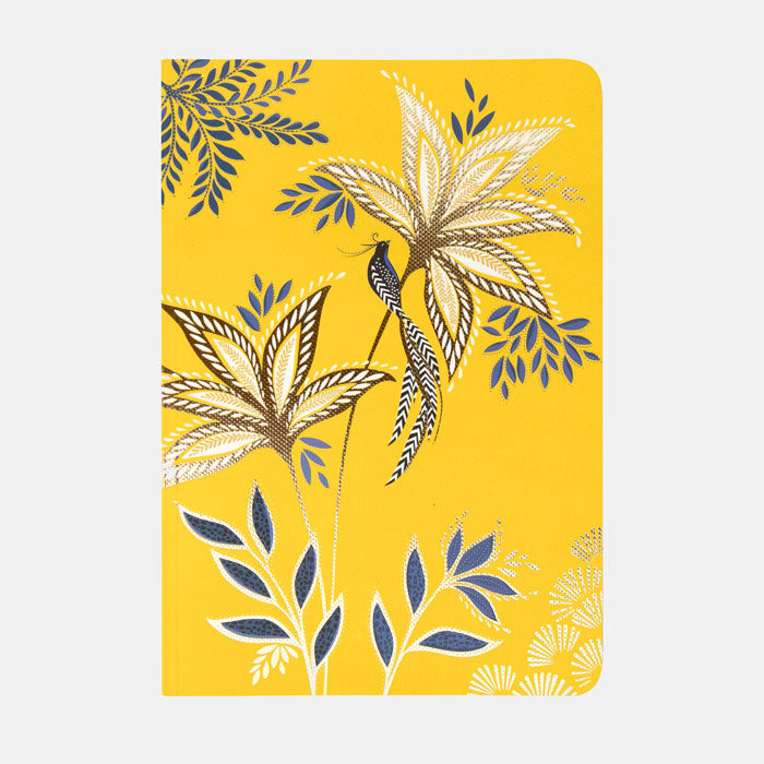 Warm yellow notebook with botanic foliage and bird design.