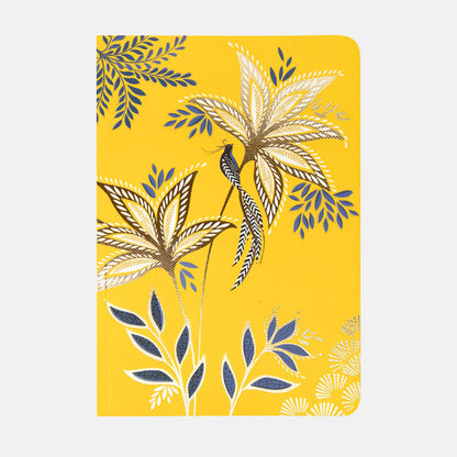 Warm yellow notebook with botanic foliage and bird design.